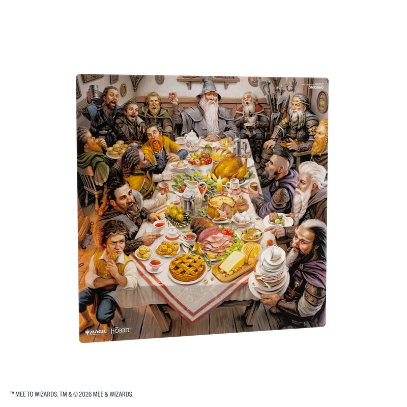 Load image into Gallery viewer, Magic: The Gathering | The Hobbit Prime 2-Player Playmat - Bilbo's Pantry - View of playmat featuring art of The Hobbit characters eating at Bilbo Baggin's table.
