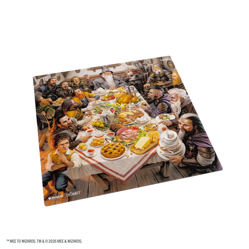 Load image into Gallery viewer, Magic: The Gathering | The Hobbit Prime 2-Player Playmat - Bilbo's Pantry - View of playmat featuring art of The Hobbit characters eating at Bilbo Baggin's table.
