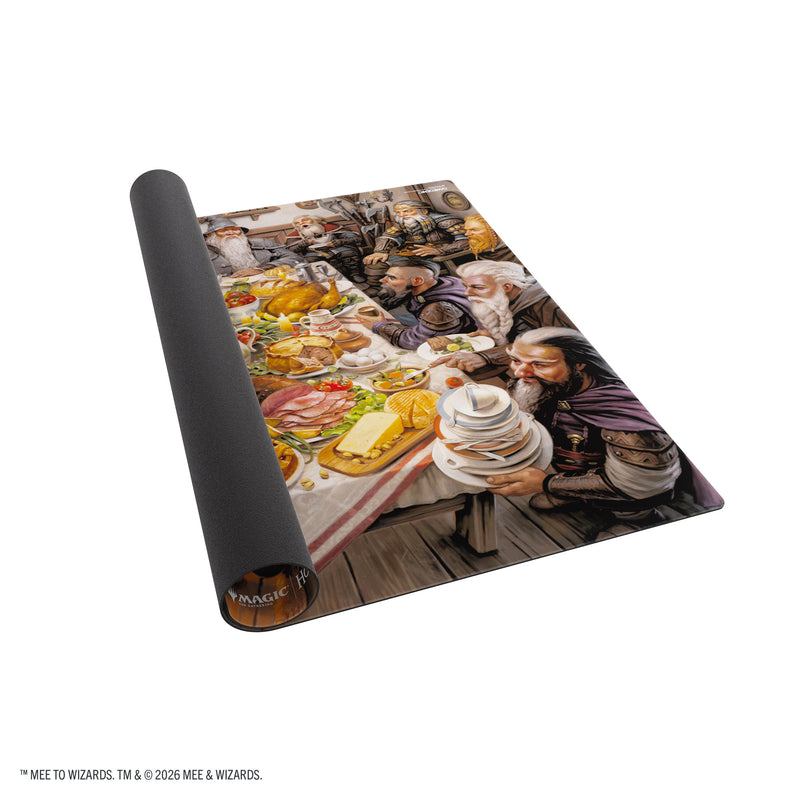 Load image into Gallery viewer, Magic: The Gathering | The Hobbit Prime 2-Player Playmat - View of partially rolled up playmat featuring art of characters at a feast. 
