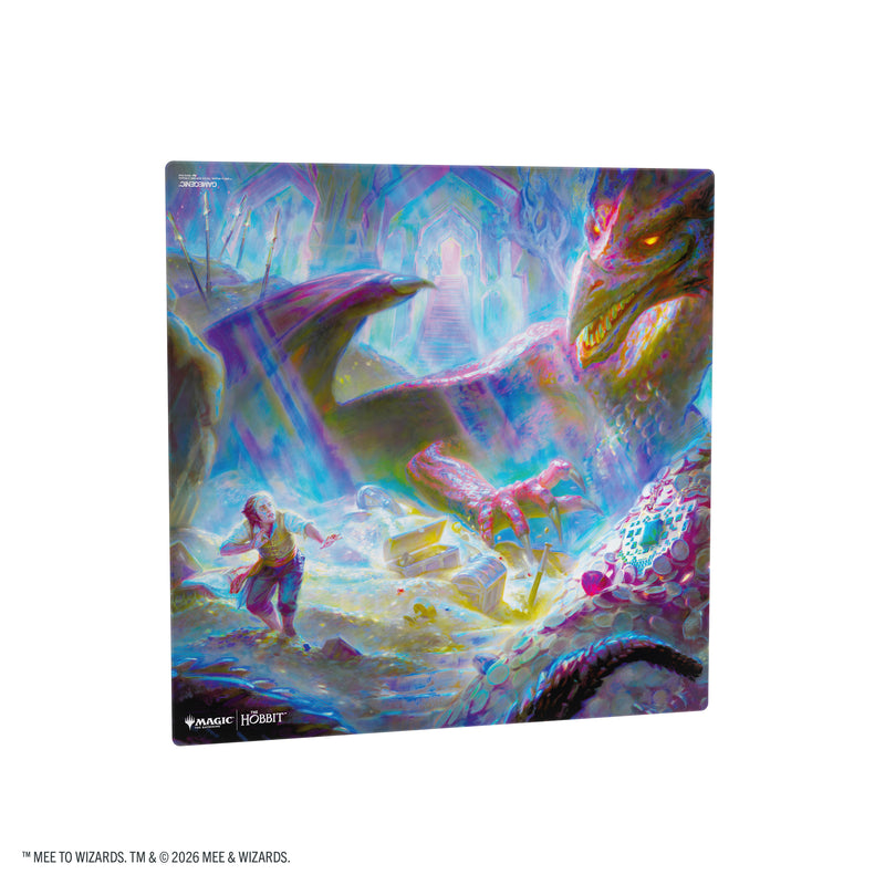Load image into Gallery viewer, Magic: The Gathering | The Hobbit Prime 2-Player Playmat - The Desolation of Smaug - View of front of playmat featuring art of Bilbo Baggins and Smaug. 
