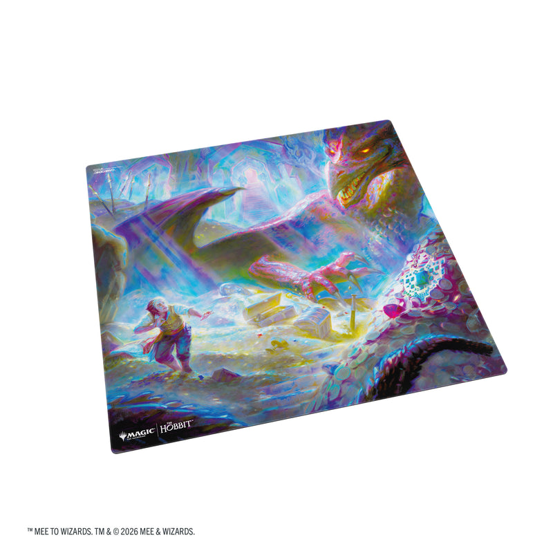 Load image into Gallery viewer, Magic: The Gathering | The Hobbit Prime 2-Player Playmat - The Desolation of Smaug - View of front of playmat featuring art of Bilbo Baggins and Smaug. 
