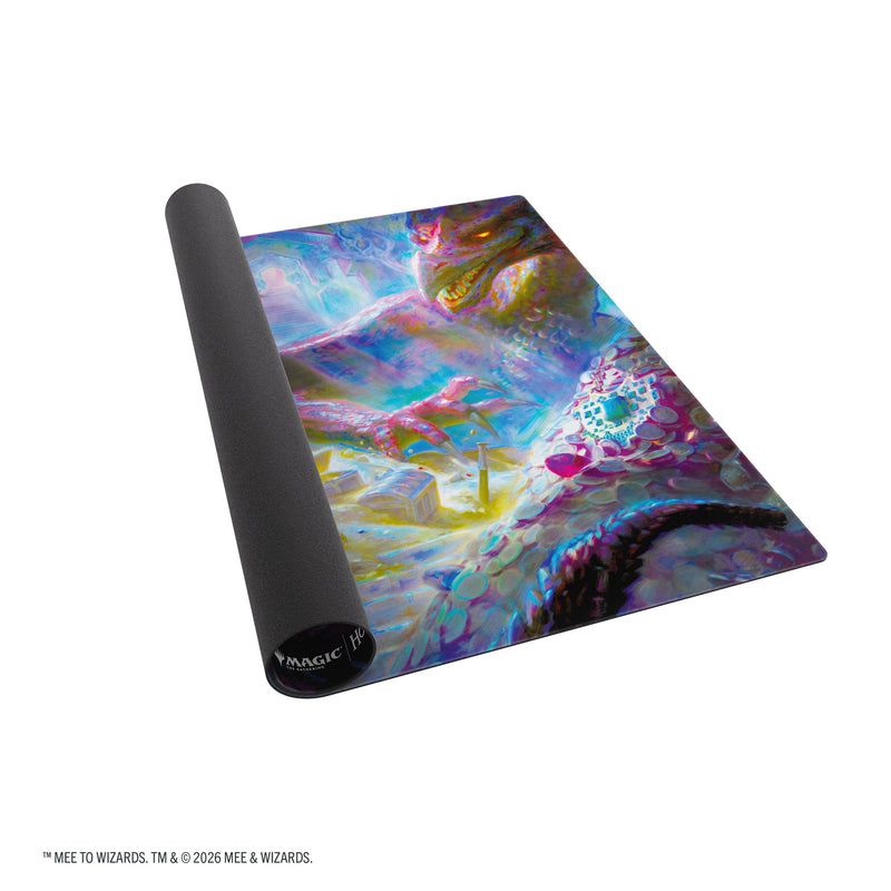 Load image into Gallery viewer, Magic: The Gathering | The Hobbit Prime 2-Player Playmat - The Desolation of Smaug - View of front of playmat featuring art of Bilbo Baggins and Smaug. 
