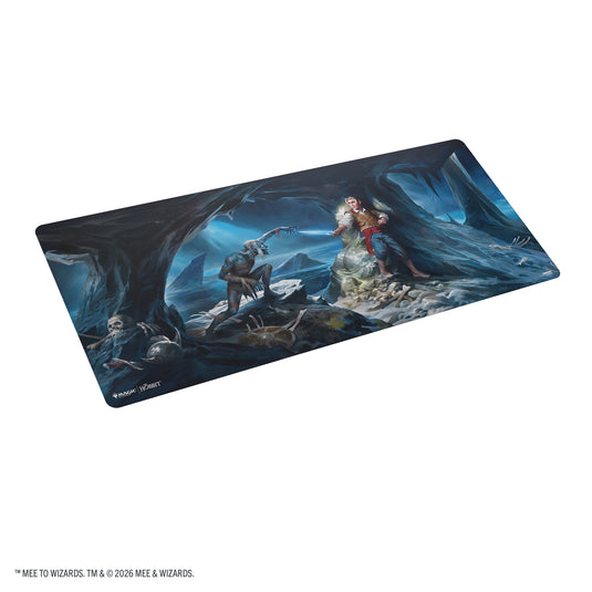 Magic: The Gathering | The Hobbit Prime Table-sized Playmat 6ft - Riddles in the Dark - View of front of playmat featuring art of Gollum and Bilbo Baggins in Gollum's cave. 