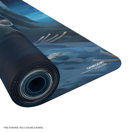 Magic: The Gathering | The Hobbit Prime Table-sized Playmat 6ft - Riddles in the Dark - View of partially rolled up playmat showing Gamegenic branding in the corner. 