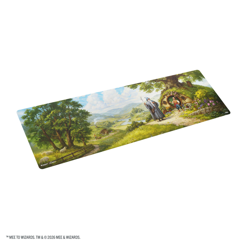 Load image into Gallery viewer, Magic: The Gathering | The Hobbit Prime Table-sized Playmat 8ft - The Fateful Encounter - View of front of playmat featuring art of Gandalf and Bilbo Baggins in The Shire. 
