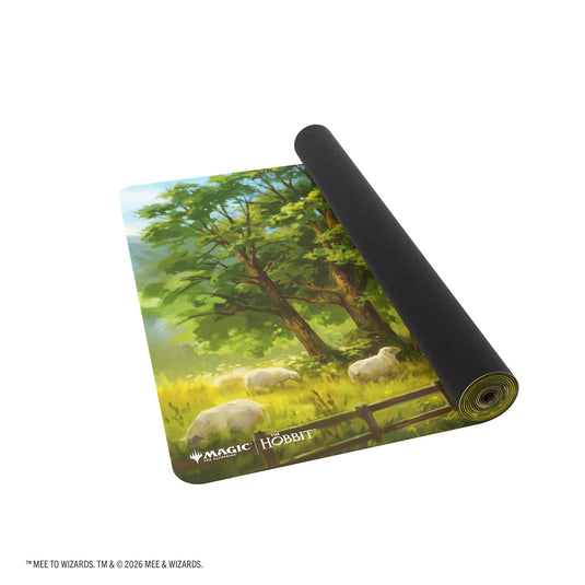 Magic: The Gathering | The Hobbit Prime Table-sized Playmat 8ft - The Fateful Encounter - View of partially rolled up playmat with Magic the Gathering and The Hobbit branding in the corner. 