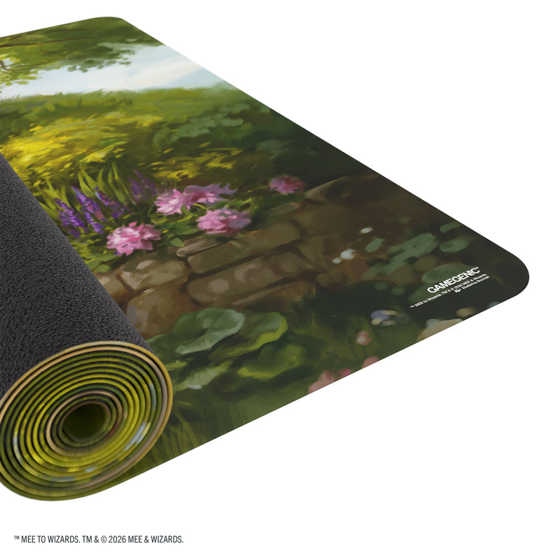 Load image into Gallery viewer, Magic: The Gathering | The Hobbit Prime Table-sized Playmat 8ft - The Fateful Encounter - View of partially rolled up playmat with Gamegenic branding in the corner. 
