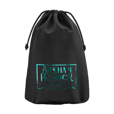 Image of front of Arkham Horror: Token Bag with 'Arkham Horror' logo on black drawstring bag