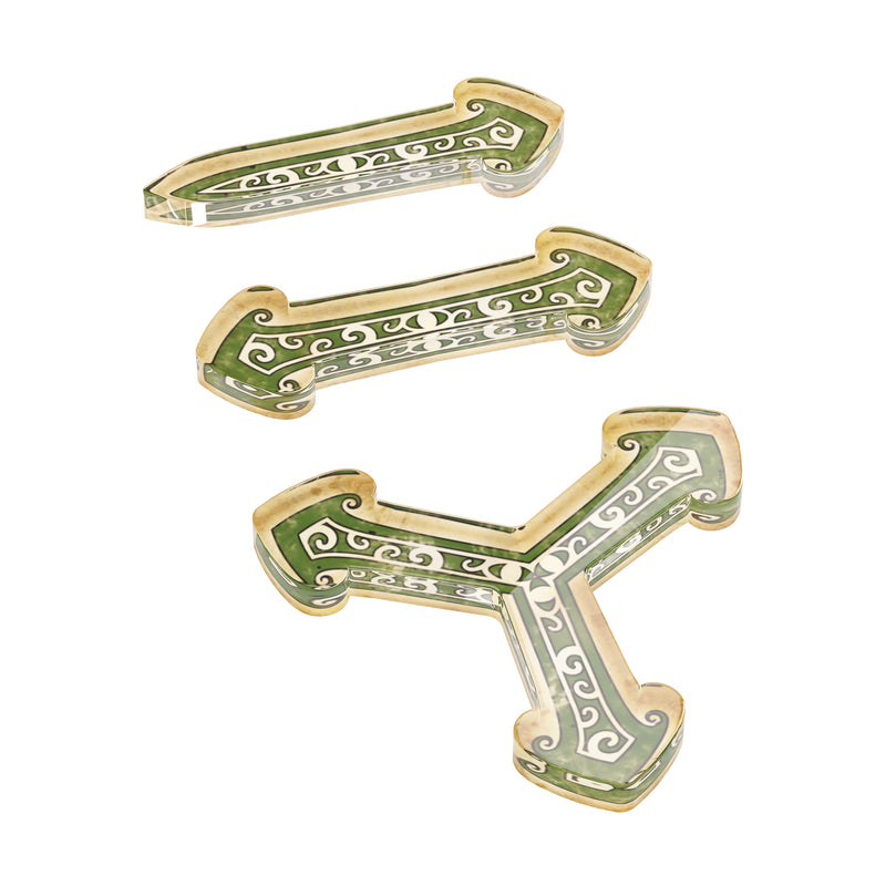 Load image into Gallery viewer, Image of three decorative connector tokens for Arkham Horror The Card Game with green and gold design 
