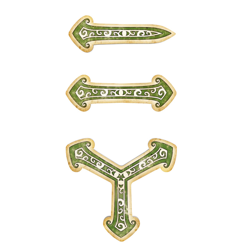 Load image into Gallery viewer, Image of three decorative connector tokens for Arkham Horror The Card Game with green and gold design 
