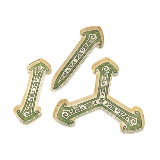 Image of three decorative connector tokens for Arkham Horror The Card Game with green and gold design 