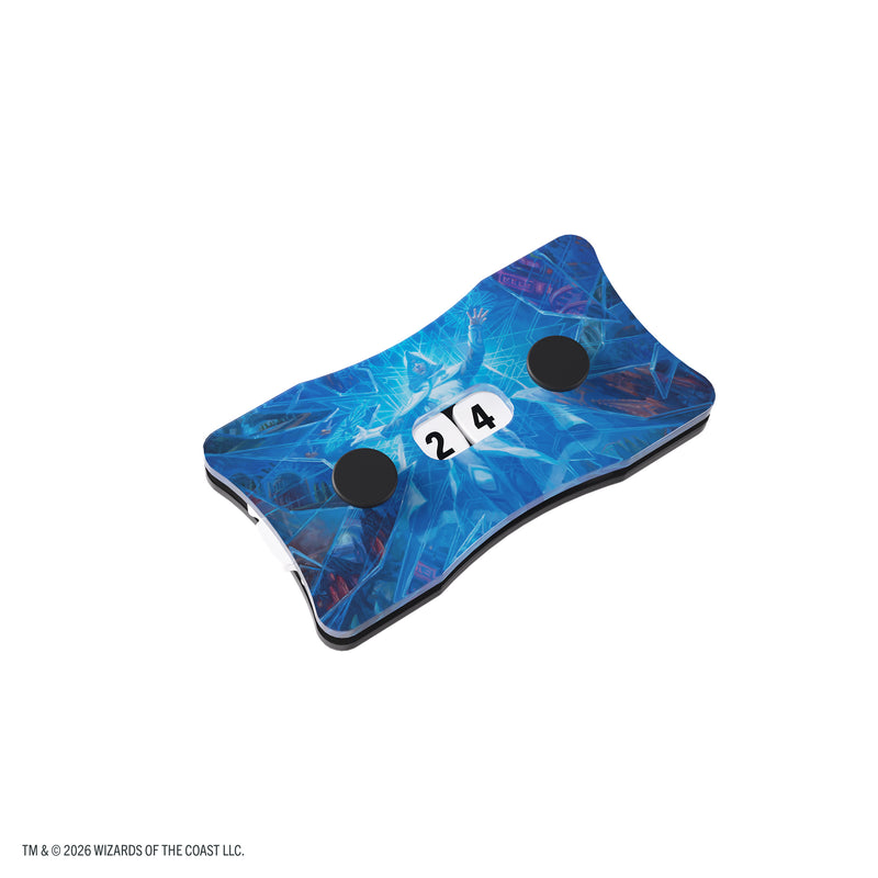 Load image into Gallery viewer, Magic: The Gathering | Reality Fracture Double Life Counter - Overwrite the Multiverse - View of front of life counter featuring art of Magic the Gathering character on blue background.
