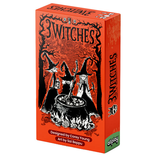 3 Witches Card Game - front of box featuring illustration of three witches and a cauldron. 