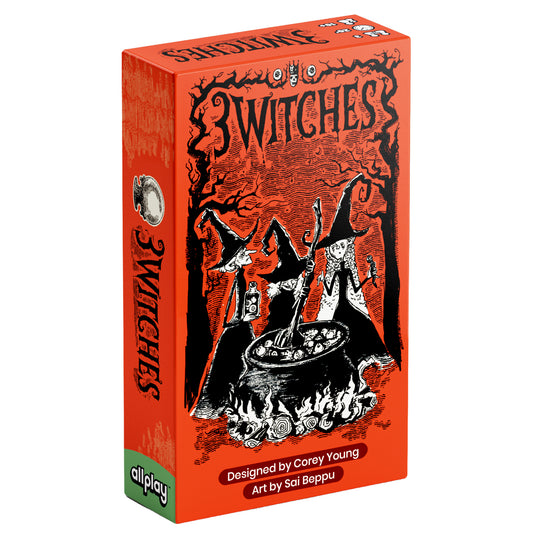 3 Witches Card Game - front of box featuring illustration of three witches and a cauldron. 