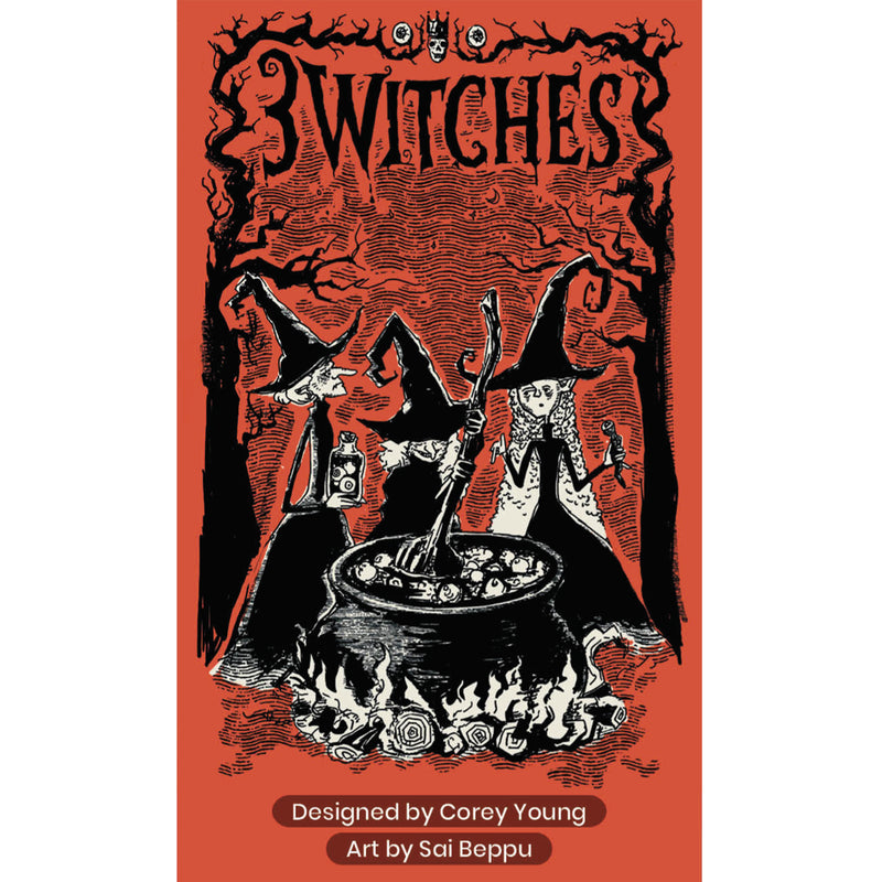 Load image into Gallery viewer, 3 Witches Card Game - front of box featuring illustration of three witches and a cauldron. 
