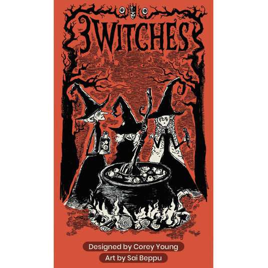 3 Witches Card Game - front of box featuring illustration of three witches and a cauldron. 