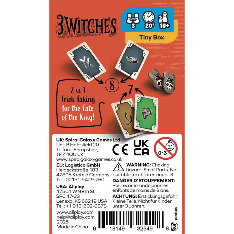 Load image into Gallery viewer, 3 Witches Card Game - back of box with images of game cards and tokens. Box indicates it is for ages 10+ and 3 players. 
