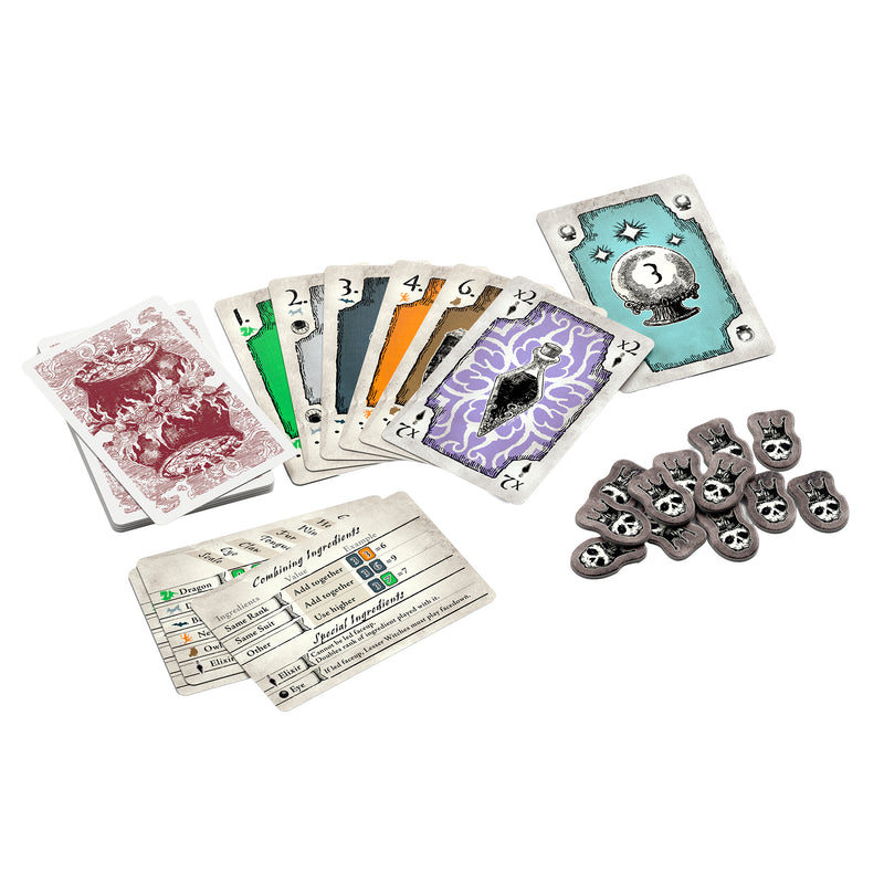 Load image into Gallery viewer, 3 Witches Card Game - sample components shown including player aids, ingredient cards, crystal ball card, and fate tokens. 
