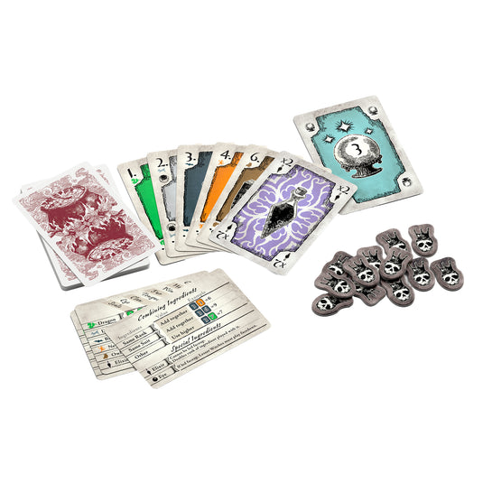 3 Witches Card Game - sample components shown including player aids, ingredient cards, crystal ball card, and fate tokens. 