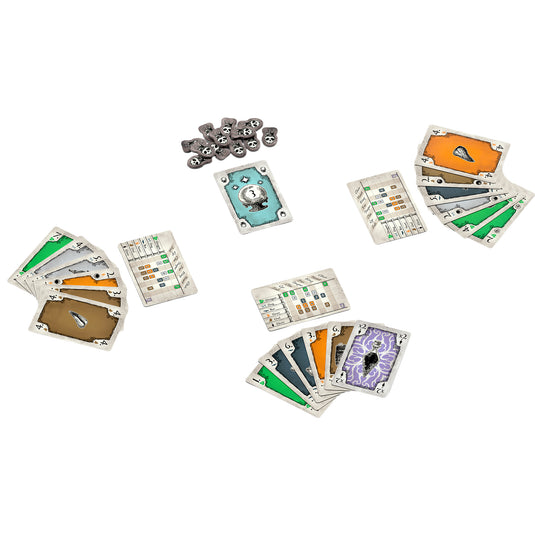 3 Witches Card Game - setup game shown with three hands of ingredient cards, crystal ball card, player aids, and fate tokens. 
