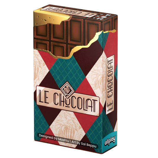 Le Chocolat Board Game - front of box with chocolate bar cart design. 