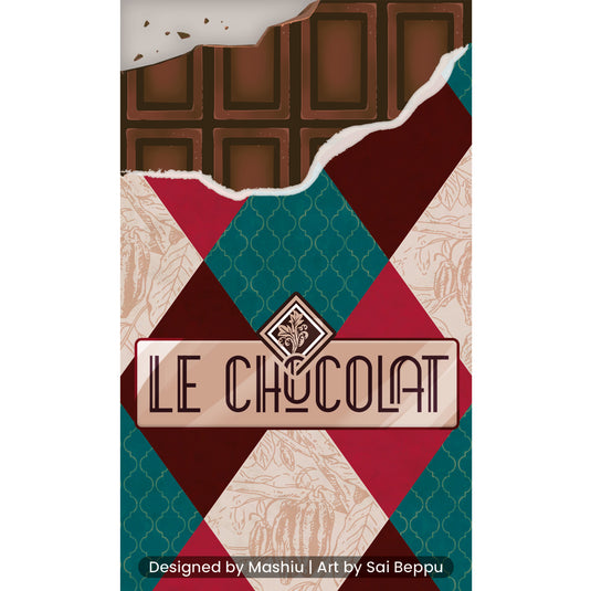 Le Chocolat Board Game - front of box with chocolate bar cart design. 