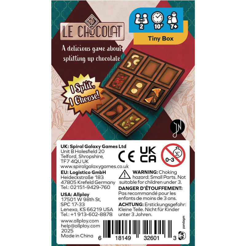 Load image into Gallery viewer, Le Chocolat Board Game - back of box with images of game components and tagline 'A delicious game about splitting up chocolate'. Box indicates it is for ages 7+ and 2 players. 
