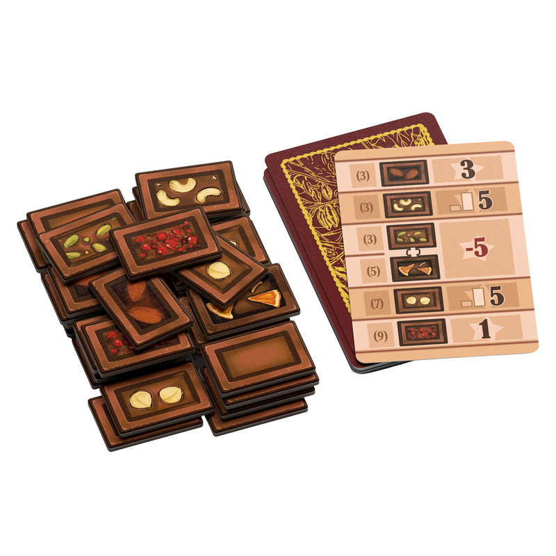 Load image into Gallery viewer, Le Chocolat Board Game - score card and sample chocolate bar tokens shown. 
