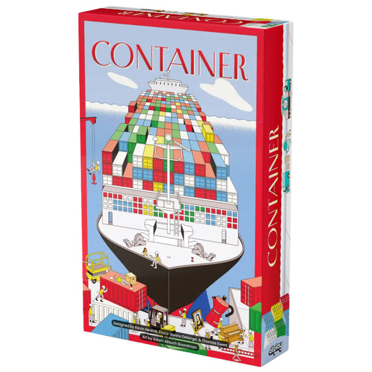 Container Board Game - front of box featuring illustrations of shipping containers on a ship. 
