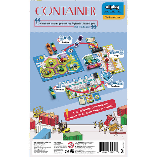 Container Board Game - back of box with images of game components and line 'Control Supply, Drive Demand, Watch the Economy Thrive or Tumble!'. Box indicates it is for ages 12+ and 3 to 5 players.