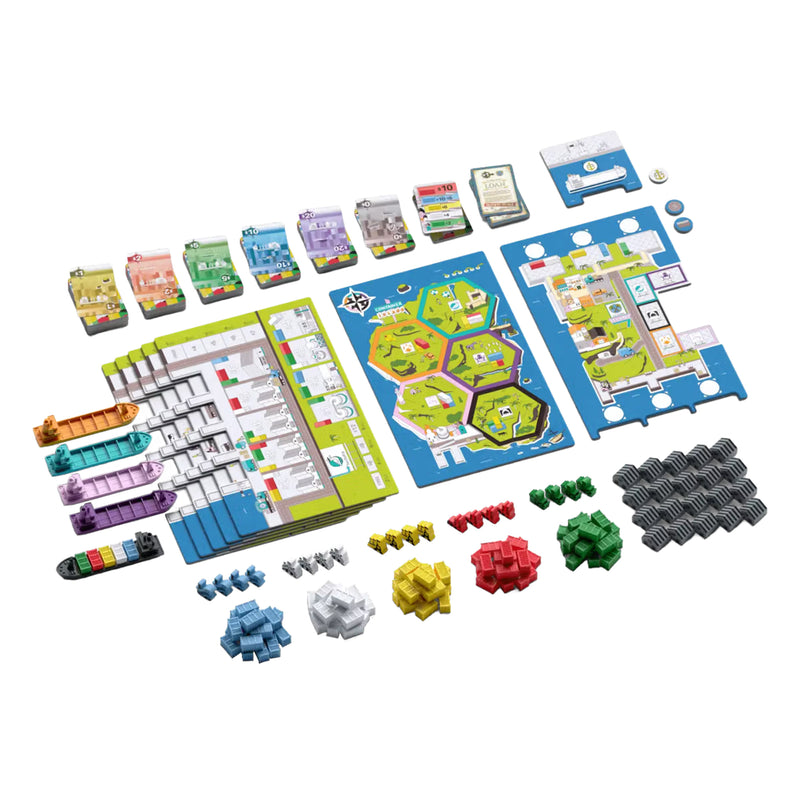 Load image into Gallery viewer, Container Board Game - sample components displayed including container figures in various colors,  transport boats, game boards, and game cards.
