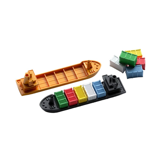 Container Board Game - shipping container figures and orange and black transport boats displayed. Black boat is shown with 5 shipping containers on top. 