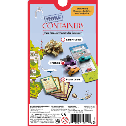 More Container Board Game Expansion - back of box with images of game components and note that expansion requires a Container core box to play.