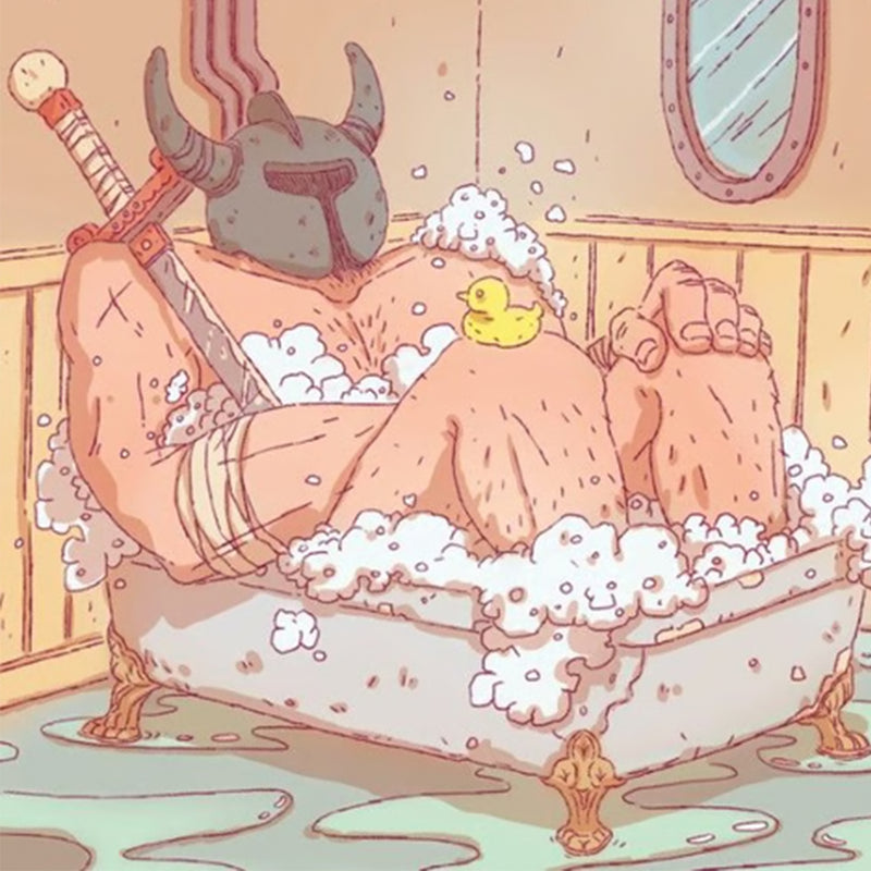 Load image into Gallery viewer, Enchanted Ivy Board Game - View of guest tile with art of a knight taking a bubble bath. 
