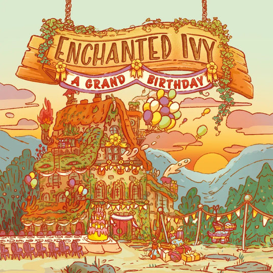Enchanted Ivy: A Grand Birthday - Front of box featuring illustration of an inn with balloons and a birthday cake. 