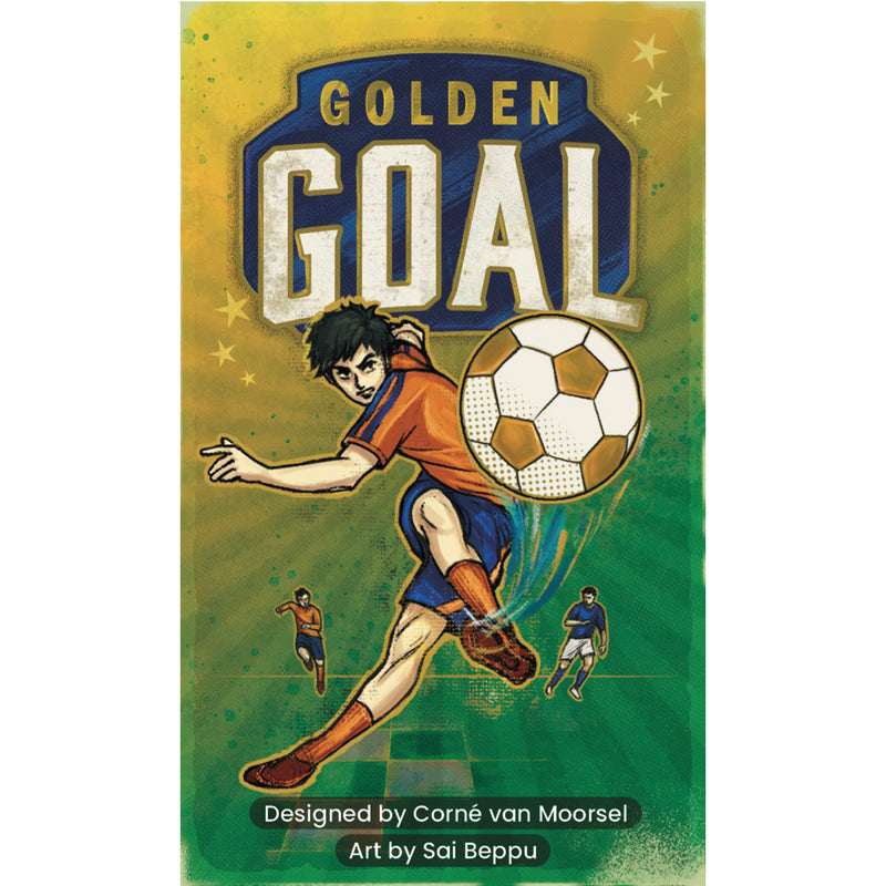Load image into Gallery viewer, Golden Goal Board Game - front of box featuring illustration of a soccer player kicking a soccer ball.
