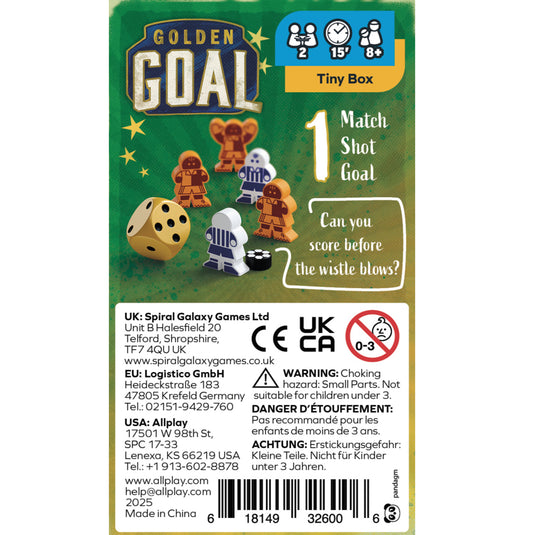 Golden Goal Board Game - back of box with images of meeples and die and line 'Can you score before the whistle blows? Box indicates it is for ages 8+ and 2 players.