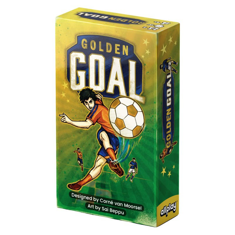 Load image into Gallery viewer, Golden Goal Board Game - front of box featuring illustration of a soccer player kicking a soccer ball.
