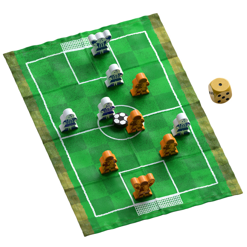 Load image into Gallery viewer, Golden Goal Board Game - setup game displayed including field mat, outfielder and goalie meeples, soccer ball token, and d6 die. 
