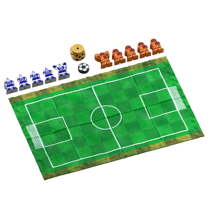 Load image into Gallery viewer, Golden Goal Board Game - components displayed including field mat, outfielder and goalie meeples, soccer ball token, and d6 die. 
