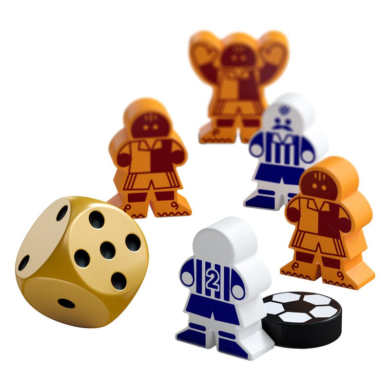 Load image into Gallery viewer, Golden Goal Board Game - sample components displayed including white and orange meeples, soccer ball token, and gold colored die. 
