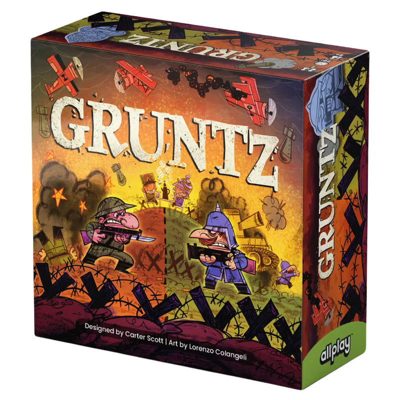 Load image into Gallery viewer, Gruntz Board Game - front of box featuring cartoon style art of two soldiers facing each other on a battlefield. 

