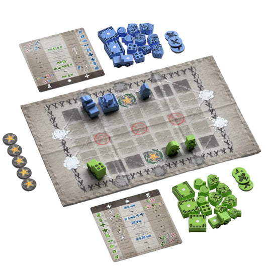 Gruntz Board Game - setup game displayed including game map, victory star tokens, player aids, guntz figures, captain figures, tank figures, and truck figures.