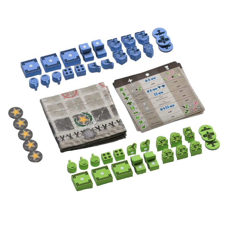 Load image into Gallery viewer, Gruntz Board Game - sample components displayed including game map, victory star tokens, player aids, guntz figures, captain figures, tank figures, and truck figures.
