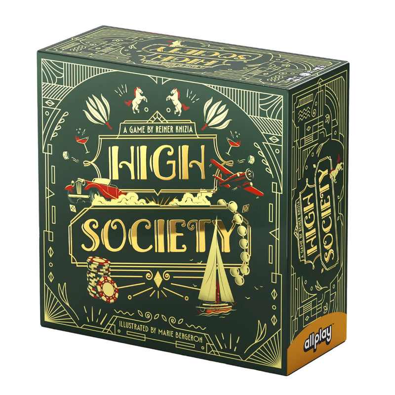 Load image into Gallery viewer, High Society Card Game - front of box with green and gold design featuring illustrations of poker chips, sail boat, horses, and cars.
