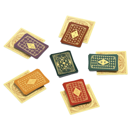 High Society Card Game -view of setup game including player aid cards, and card decks. 
