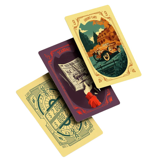 High Society - view of sample status cards including 'scandal 1/2' card and 'Luxury cars 9' card. 