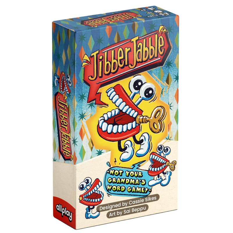 Load image into Gallery viewer, Jibber Jabble Party Game - Front of box with art of wind up teeth. Text says 'Not your grandma's word game!'. 
