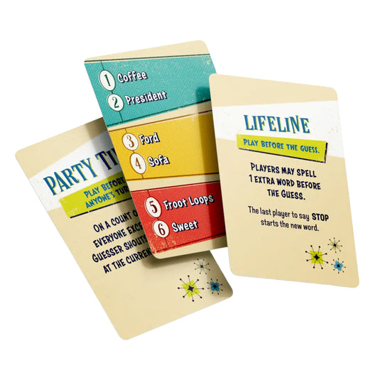 Jibber Jabble Party Game - Three sample cards shown including 'Lifeline' card. 