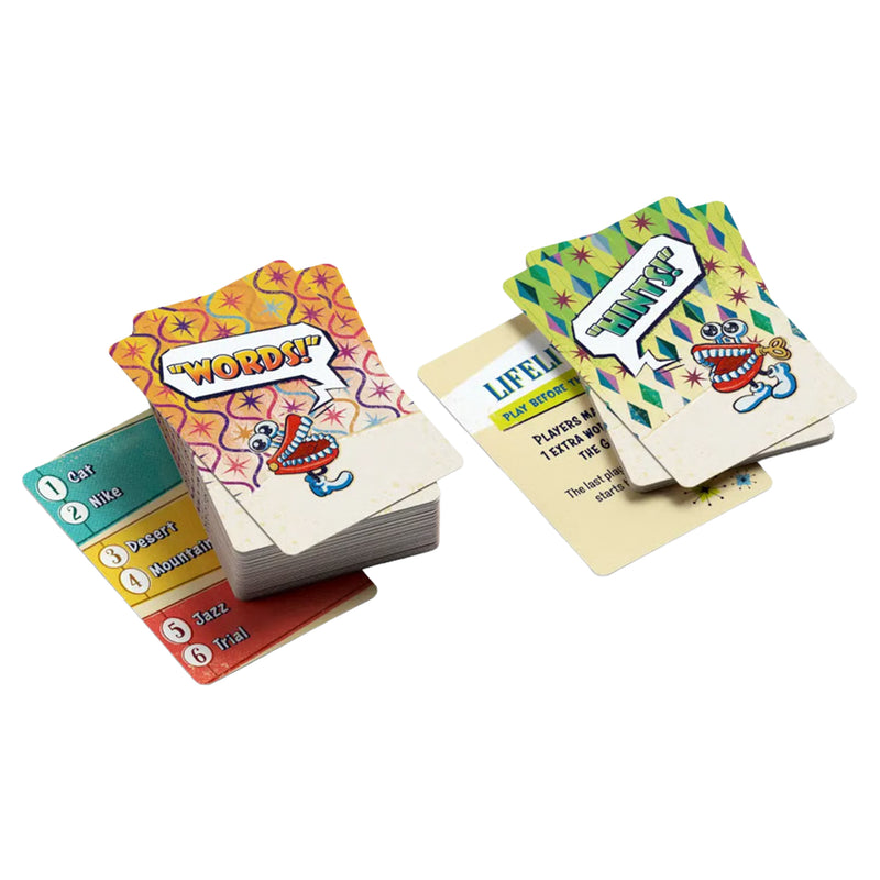 Load image into Gallery viewer, Jibber Jabble Party Game - stacks of words cards and hints cards shown.
